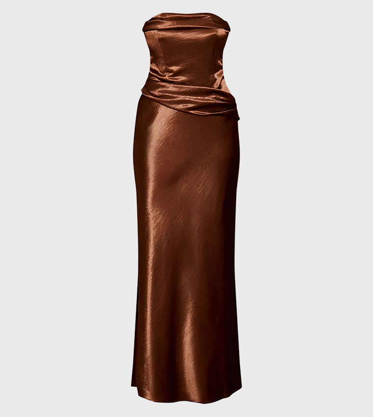 Pleated Bust Detail Strapless Maxi Dress