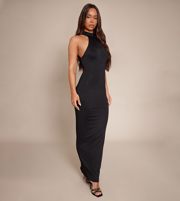 Buy PrettyLittleThing Hotfix Halterneck Backless Maxi Dress In Black