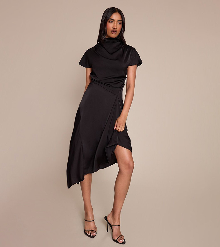 Satin Draped Hanky Hem Midaxi Dress