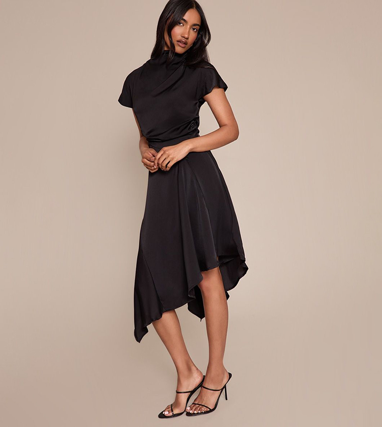 Satin Draped Hanky Hem Midaxi Dress