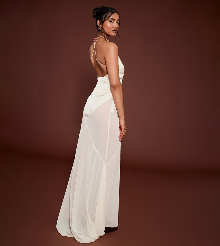 Oyster Satin Contrast V-Neck Maxi Dress