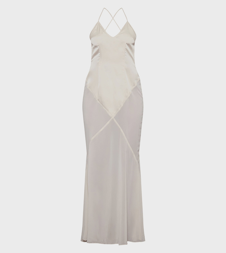 Oyster Satin Contrast V-Neck Maxi Dress