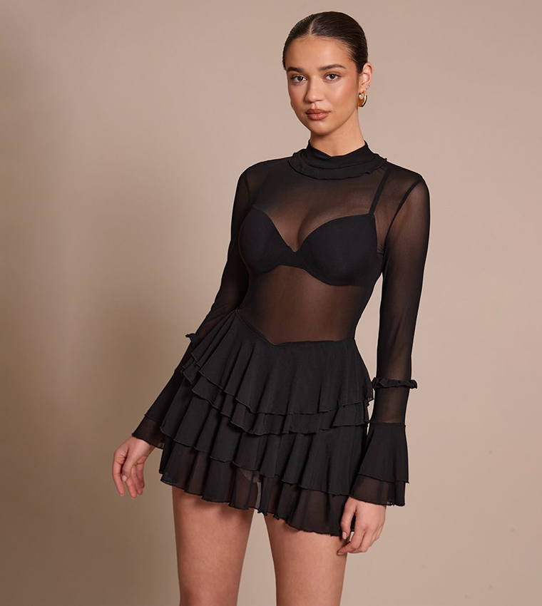 Mesh Frill Detail Smock Mini Dress