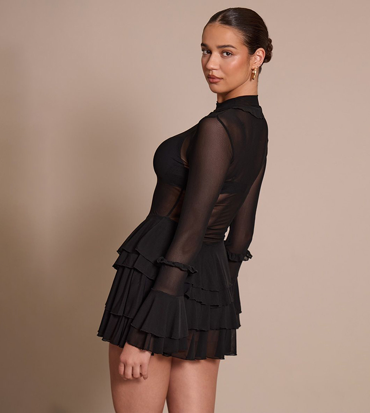 Mesh Frill Detail Smock Mini Dress