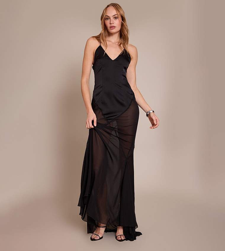 Satin Contrast V-Neck Maxi Dress