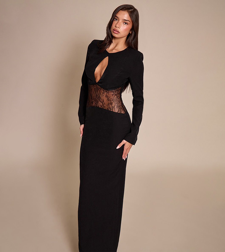 Buy PrettyLittleThing Lace Cut Out Detail Maxi Dress In Black | 6thStreet  Oman