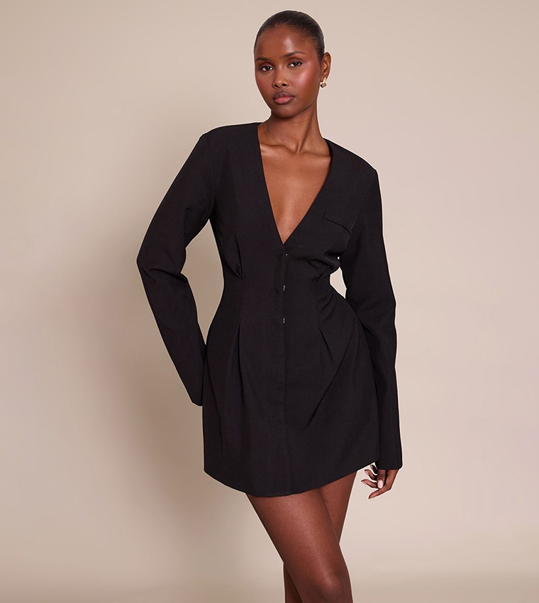 Cinched Waist Pleated Mini Blazer Dress