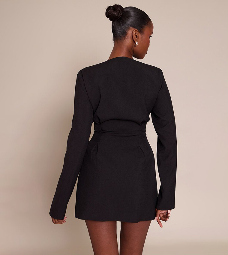 Cinched Waist Pleated Mini Blazer Dress