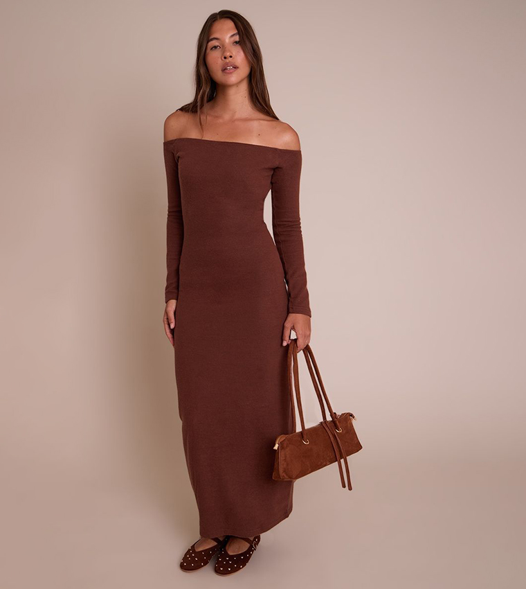 Super Soft Bardot Long Sleeves Maxi Dress