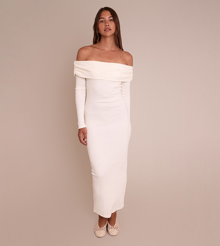 Ribbed Fold Over Bardot Long Sleeves Maxi Dress