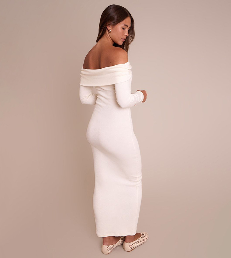 Ribbed Fold Over Bardot Long Sleeves Maxi Dress