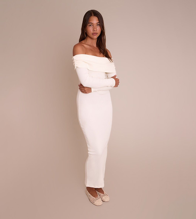 Ribbed Fold Over Bardot Long Sleeves Maxi Dress