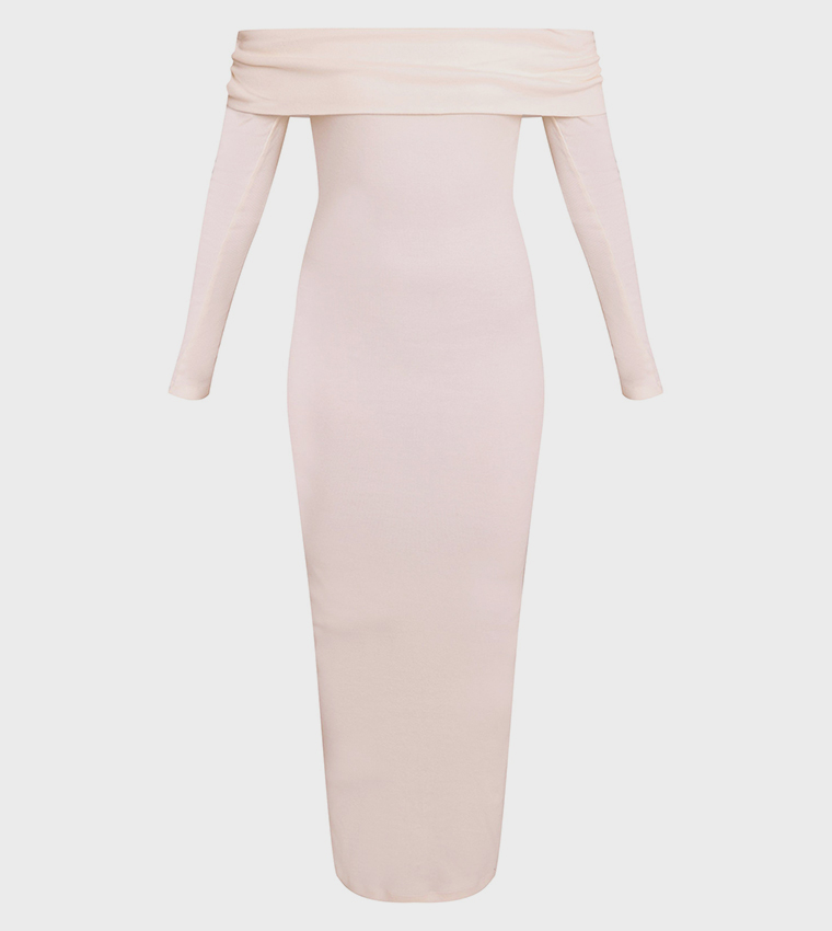 Ribbed Fold Over Bardot Long Sleeves Maxi Dress