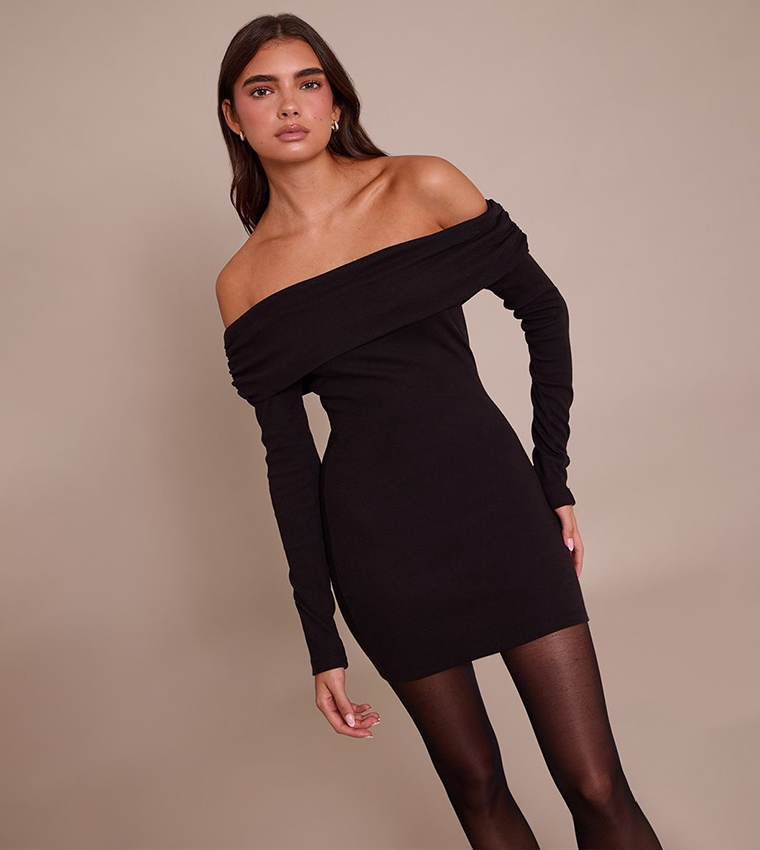 Ribbed Fold Over Bardot Long Sleeves Bodycon Mini Dress