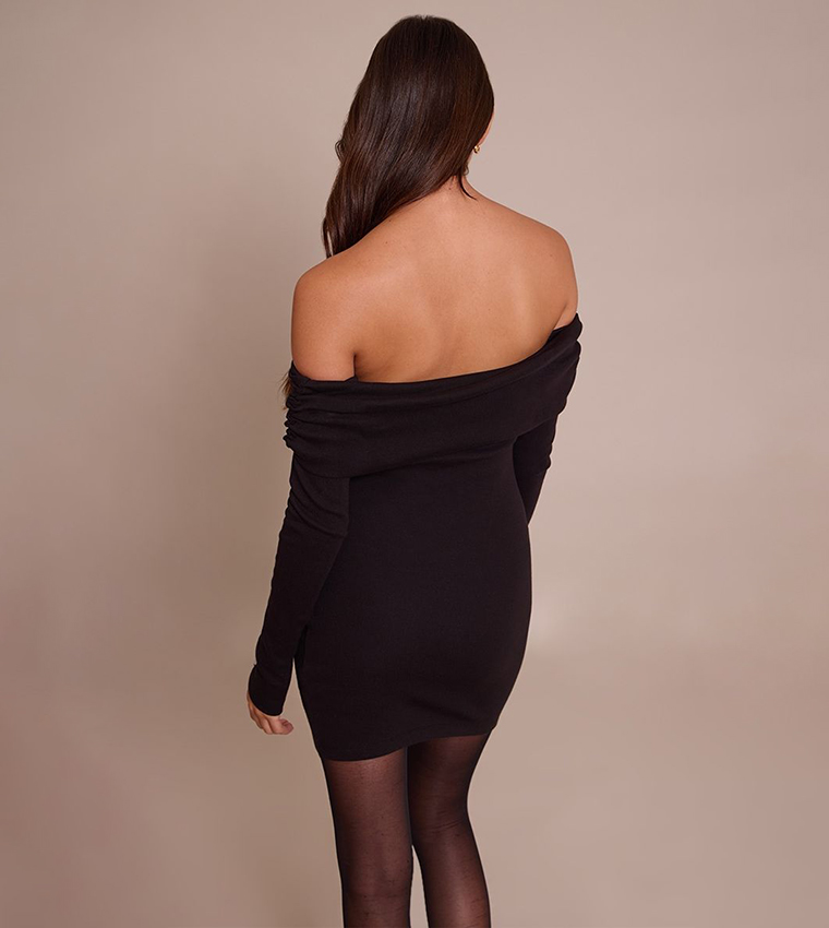 Ribbed Fold Over Bardot Long Sleeves Bodycon Mini Dress