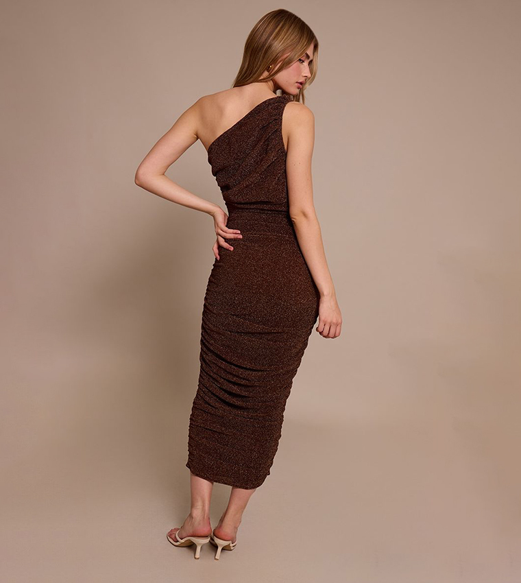 Glitter Plisse Ruched One Shoulder Midi Dress