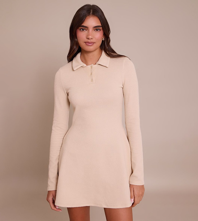 Buy PrettyLittleThing Ribbed Long Sleeves Shift Mini Dress In Beige |  6thStreet Kuwait