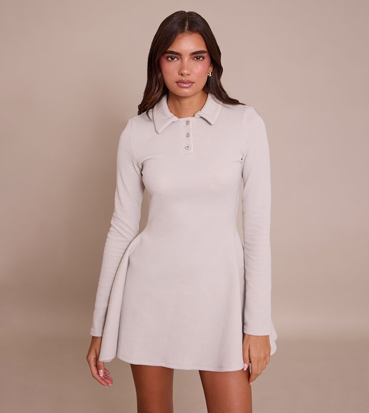 Ribbed Long Sleeves Shift Mini Dress