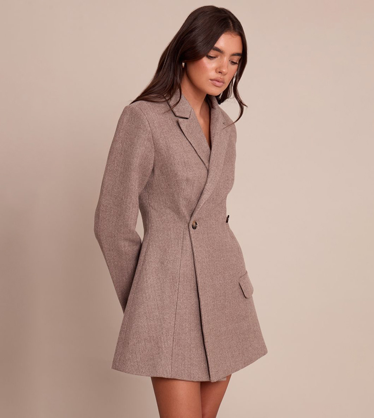 فستان جاكيت ميني شبه صوف بخصر مزموم 