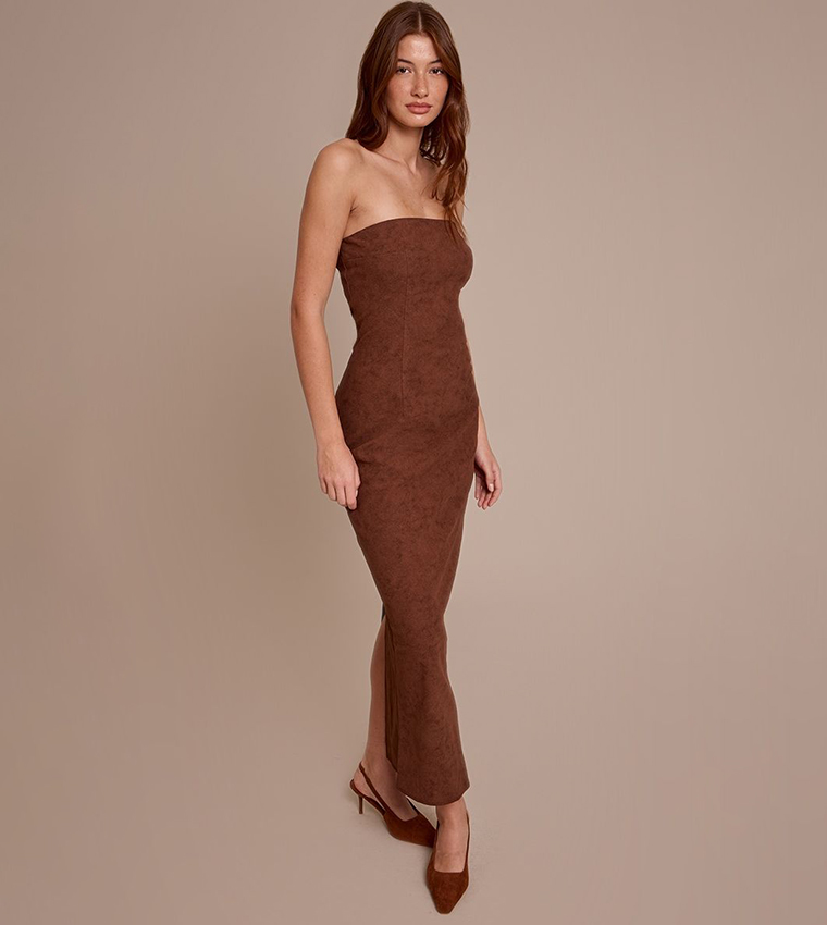 Faux Suede Strapless Maxi Dress