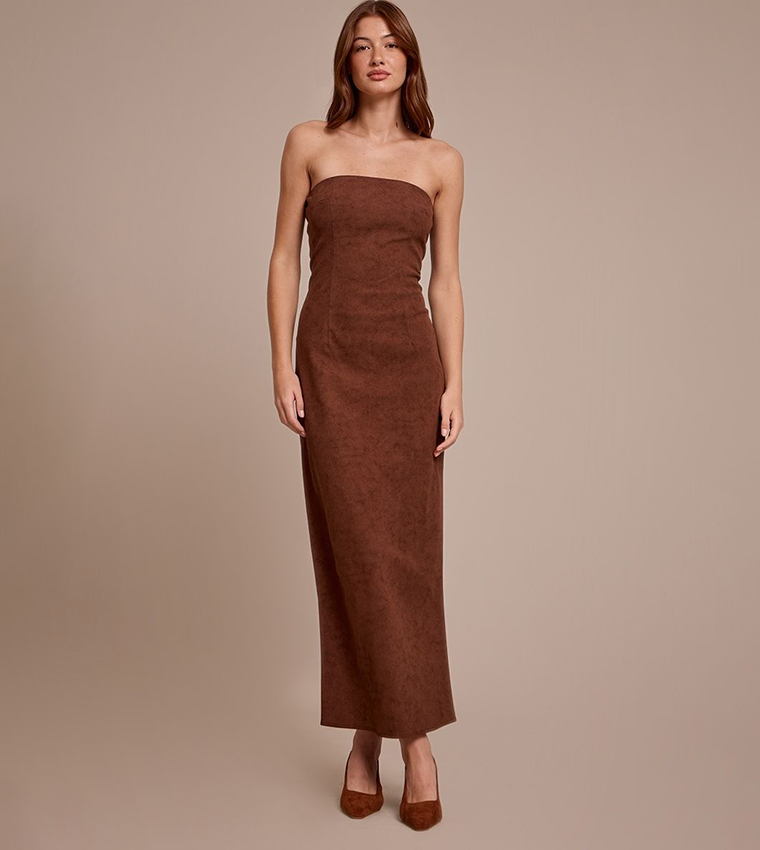 Faux Suede Strapless Maxi Dress