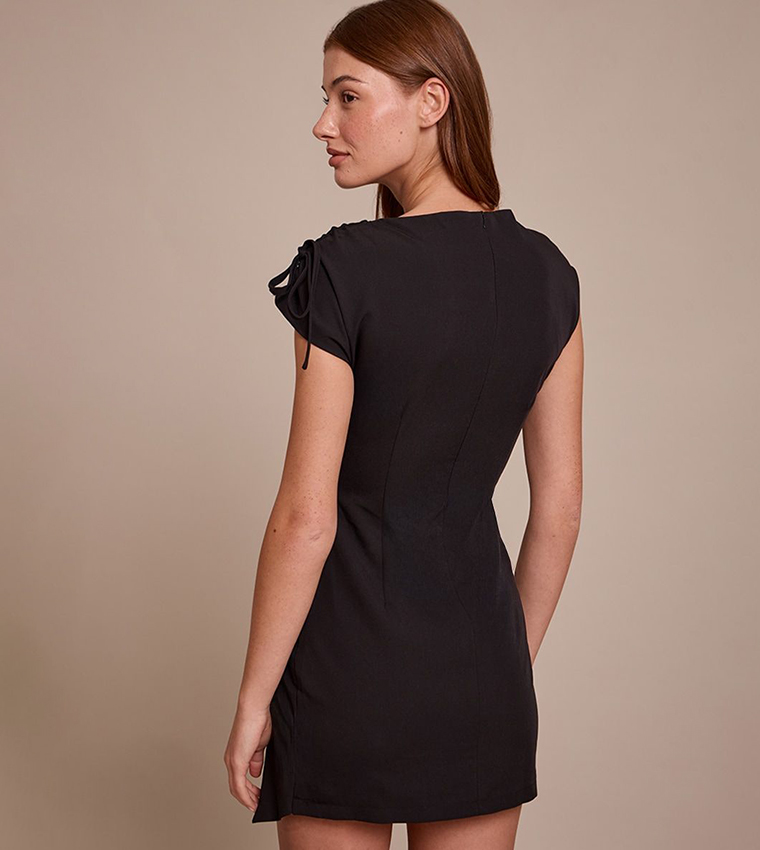 Button Detail Cap Sleeves Shift Mini Dress