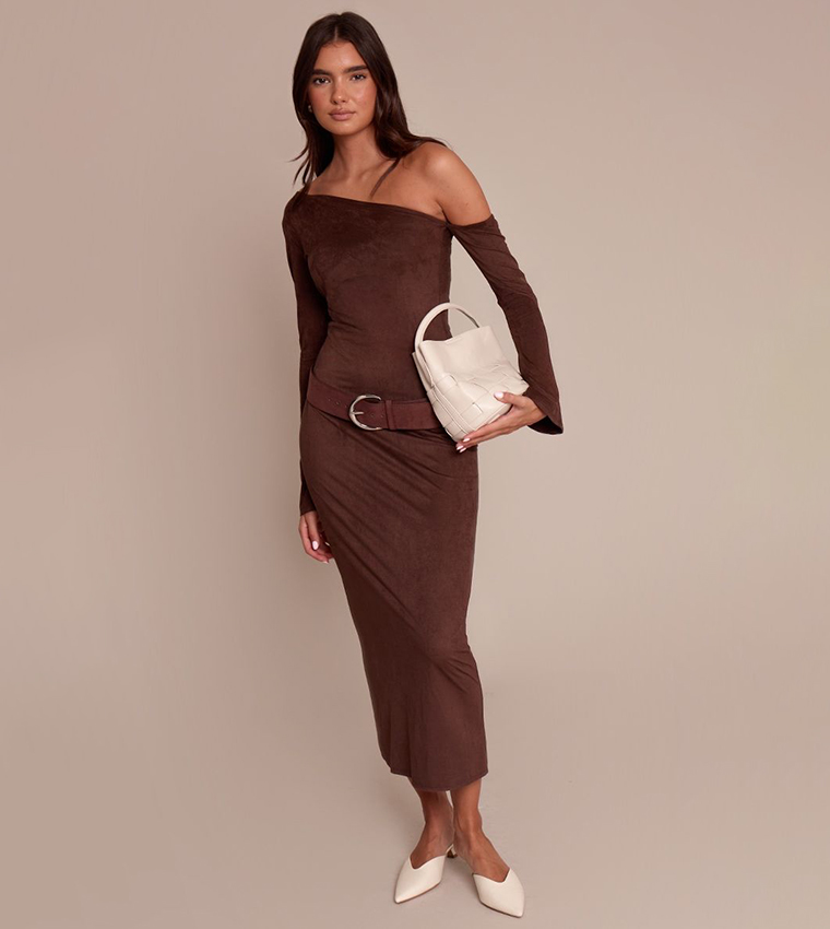 Faux Suede Asymmetric Maxi Dress