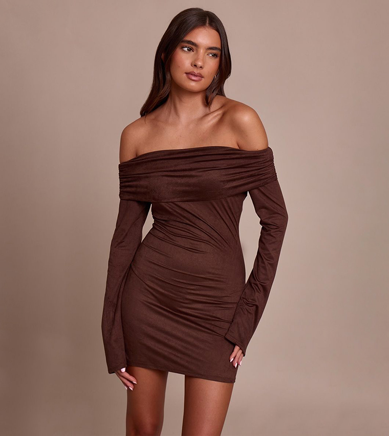 Faux Suede Bardot Long Sleeves Bodycon Mini Dress