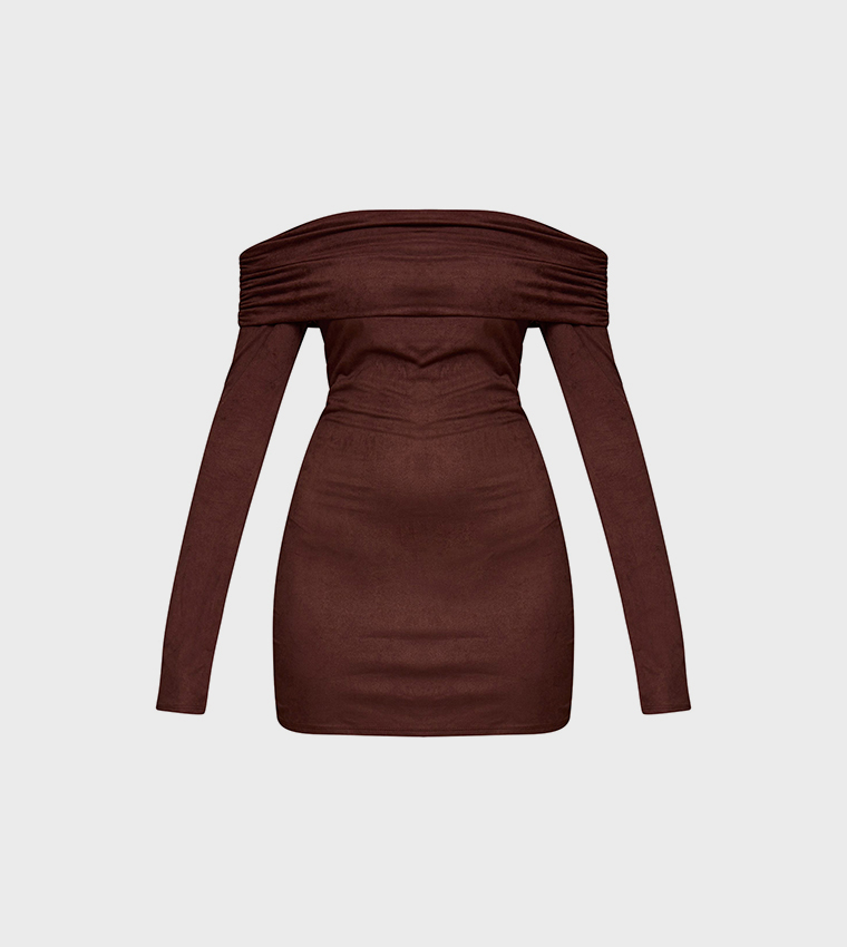 Faux Suede Bardot Long Sleeves Bodycon Mini Dress
