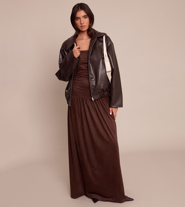 Faux Suede Strapless Dropped Waist Maxi Dress