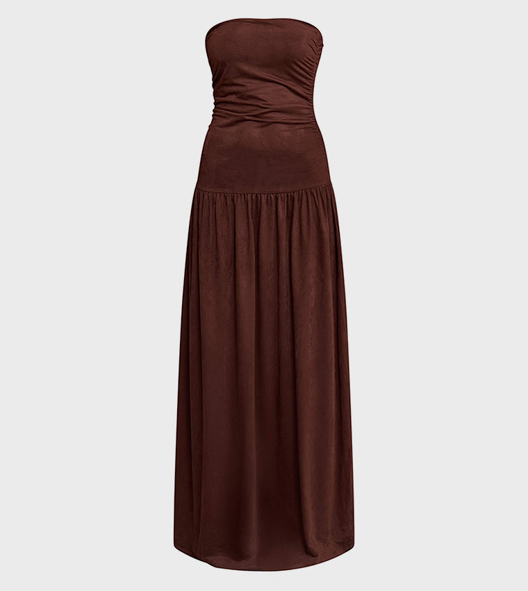 Faux Suede Strapless Dropped Waist Maxi Dress
