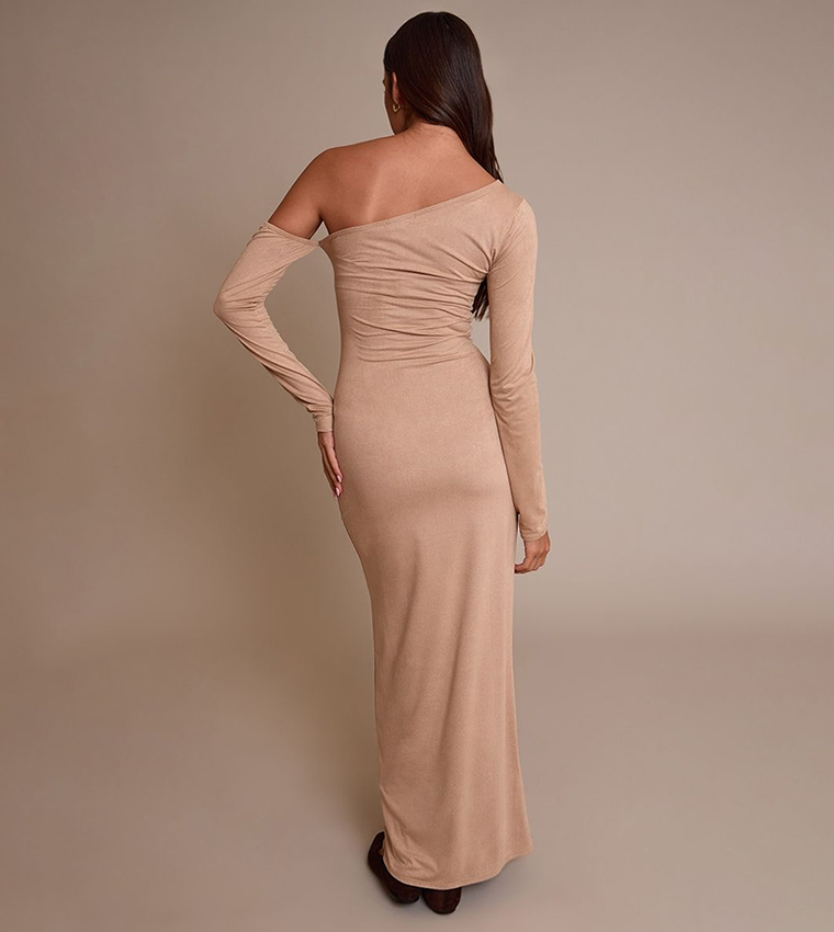 Sand Faux Suede Asymmetric Maxi Dress