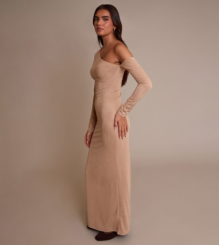 Sand Faux Suede Asymmetric Maxi Dress