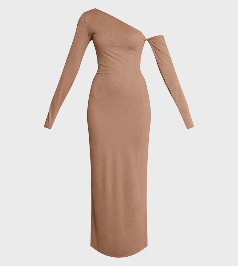 Sand Faux Suede Asymmetric Maxi Dress