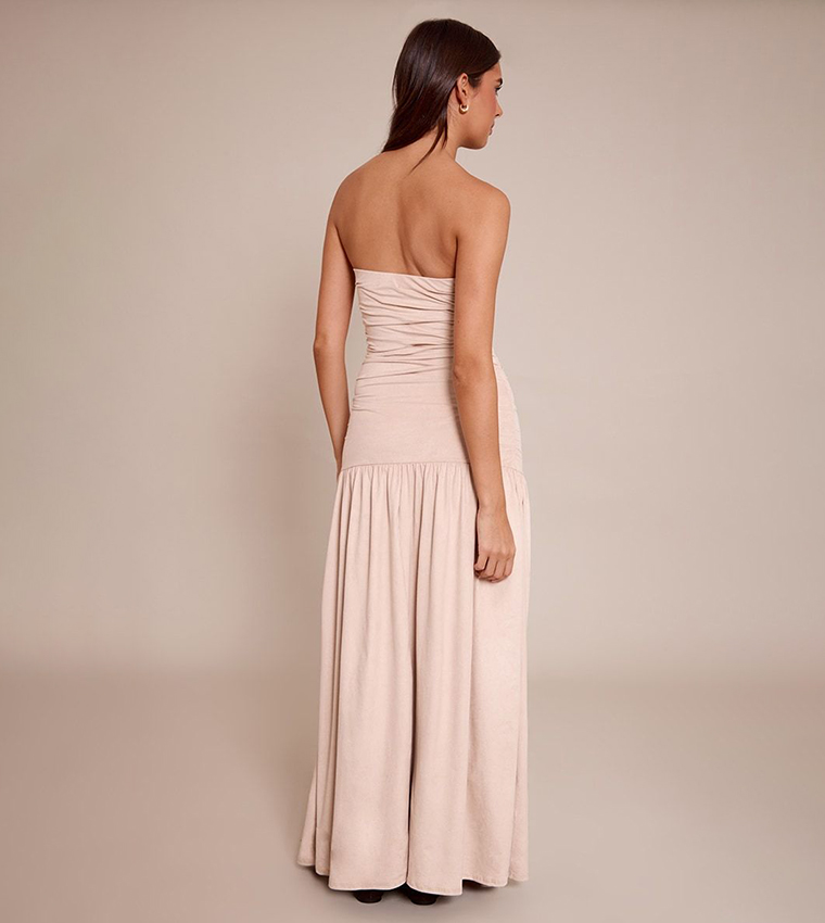 Faux Suede Strapless Dropped Waist Maxi Dress