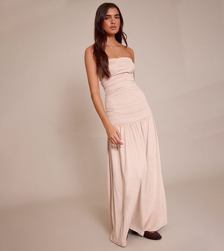 Faux Suede Strapless Dropped Waist Maxi Dress