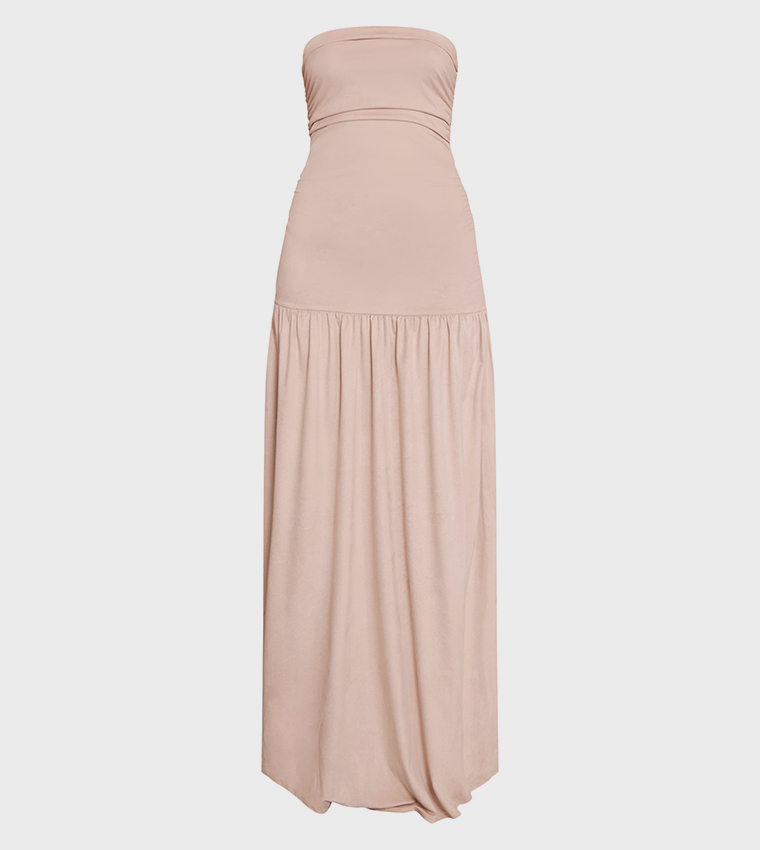 Faux Suede Strapless Dropped Waist Maxi Dress