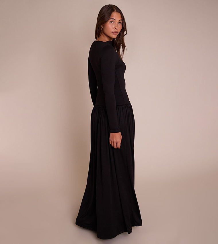 Double Layer Jersey Dropped Waist Long Sleeves Maxi Dress