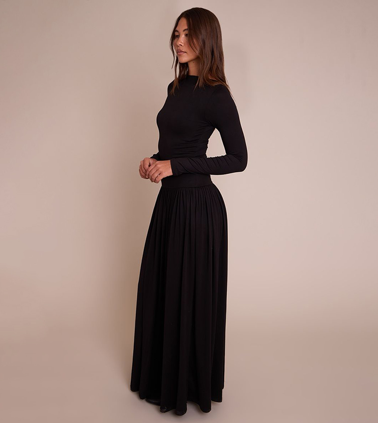 Double Layer Jersey Dropped Waist Long Sleeves Maxi Dress