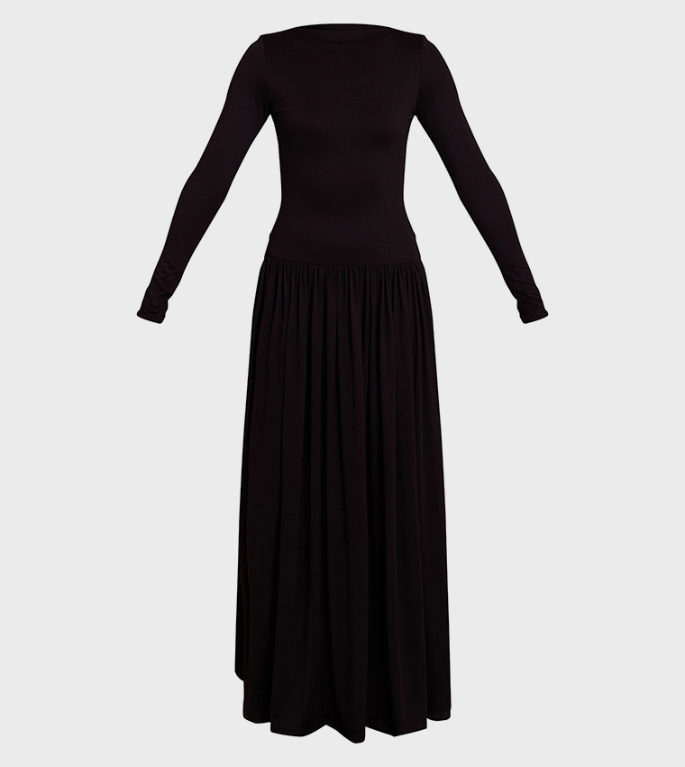 Double Layer Jersey Dropped Waist Long Sleeves Maxi Dress