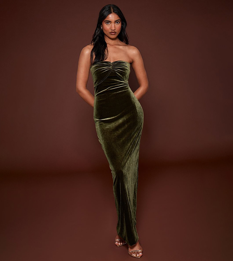Buy PrettyLittleThing Velvet Twist Strapless Maxi Dress In Green |  6thStreet Oman