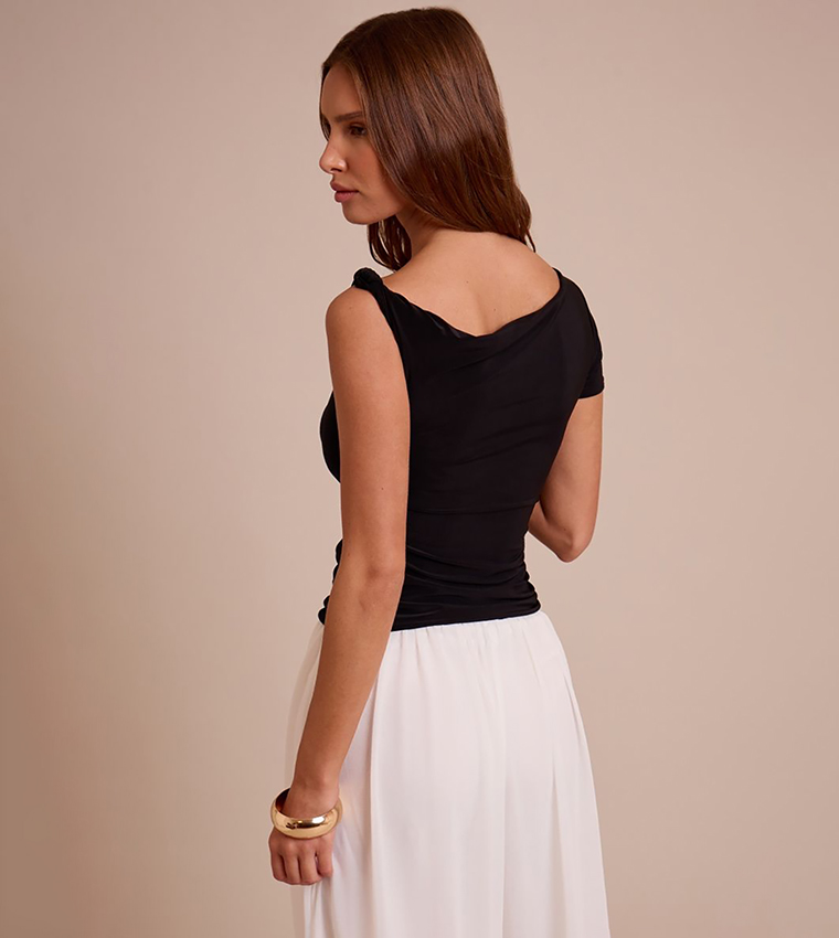 Double Layer Slinky Asymmetric Knot Detail Crop Top