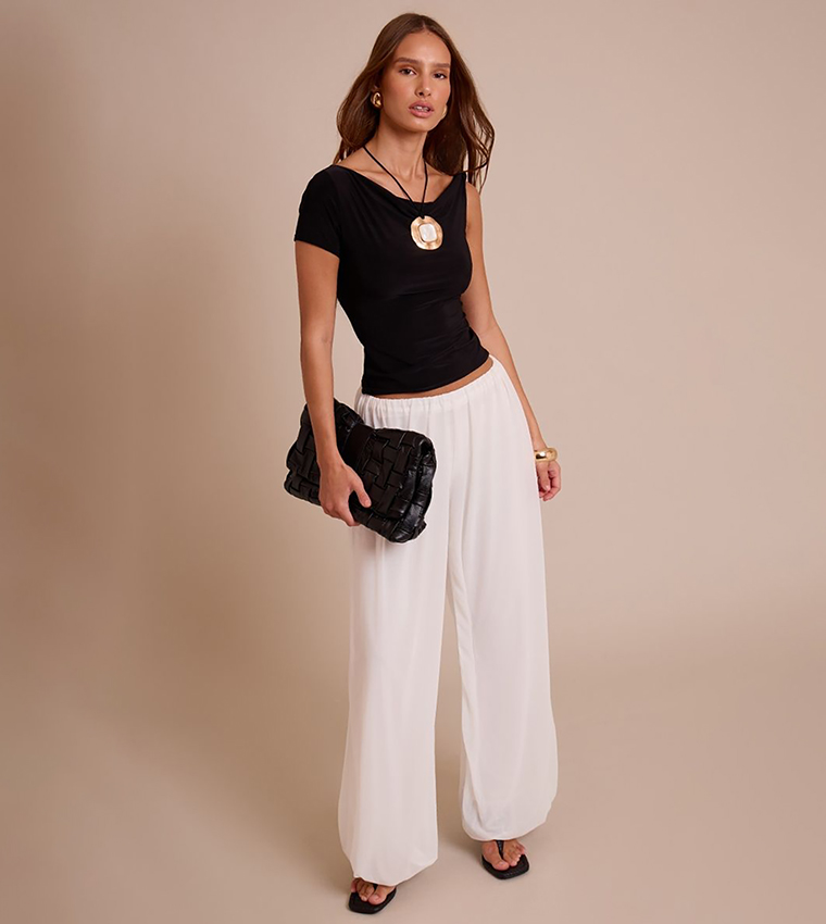 Double Layer Slinky Asymmetric Knot Detail Crop Top