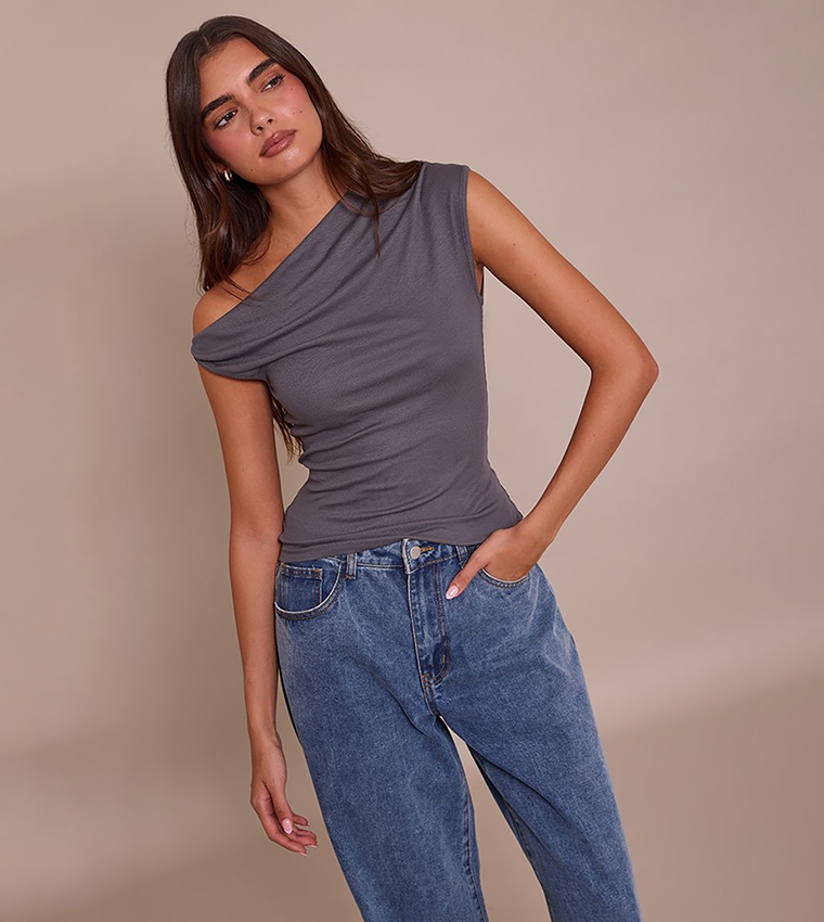 Soft Rib Asymmetric Ruched Detail Sleeveless Top