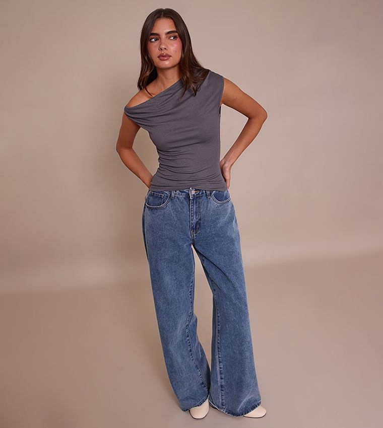 Soft Rib Asymmetric Ruched Detail Sleeveless Top