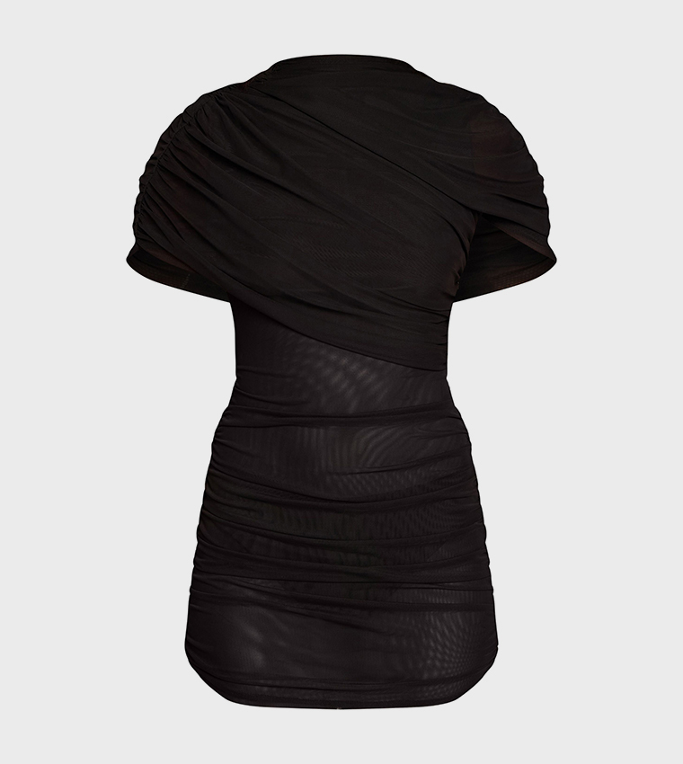 Mesh Overlay Ruched Short Sleeves Mini Dress