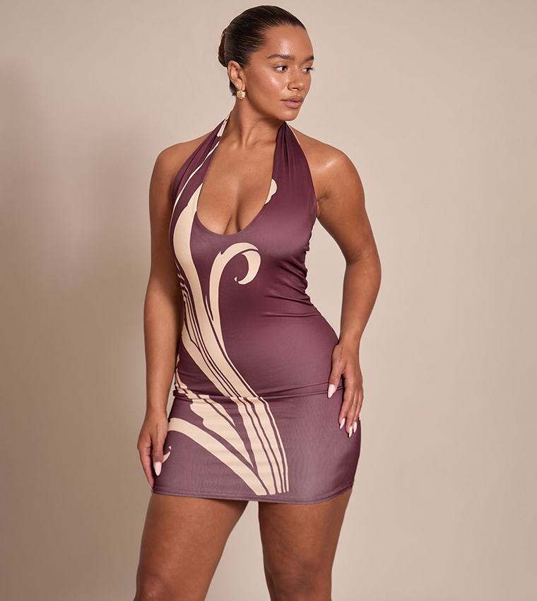 Shape Orchid Print Slinky Halterneck Mini Dress