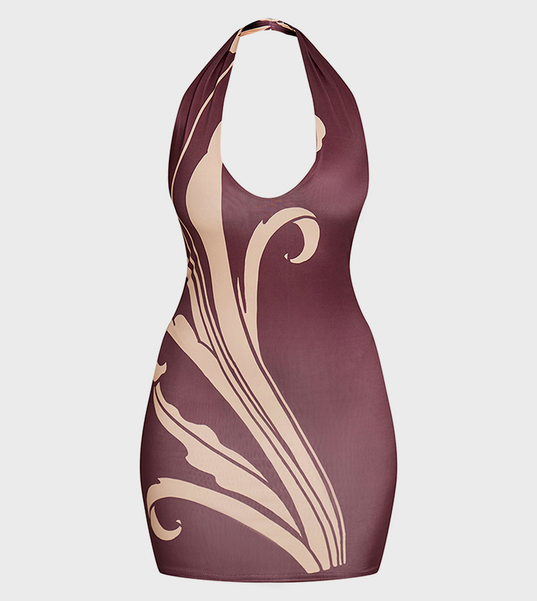 Shape Orchid Print Slinky Halterneck Mini Dress