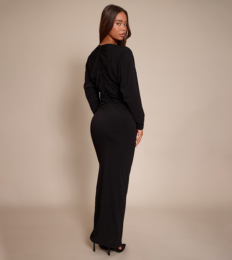 Plt Label Slinky Ruched Plunge Maxi Dress