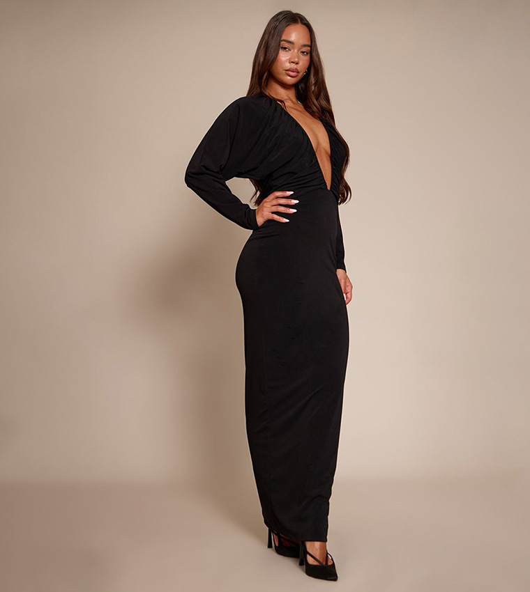 Plt Label Slinky Ruched Plunge Maxi Dress